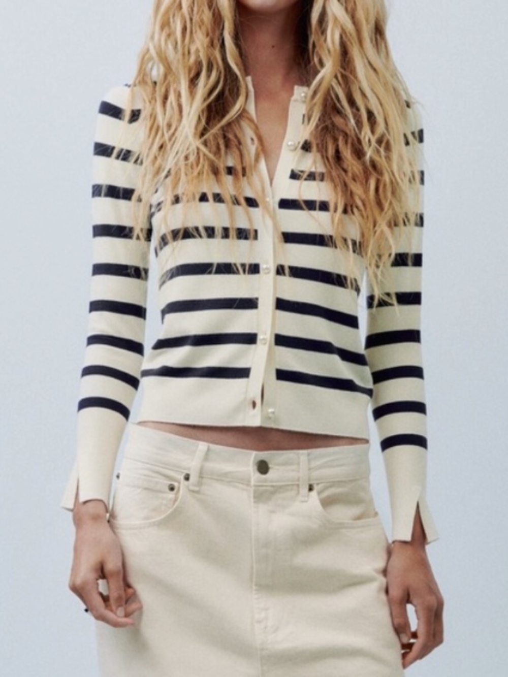 Zara Navy + Ivory Striped Long Sleeve Cardigan in Small
